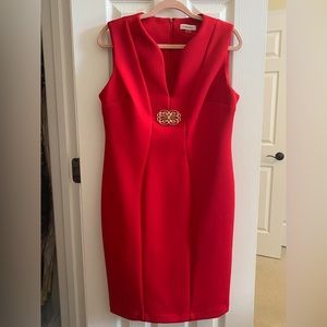 Calvin Klein Red Scuba Gold Emblem Sleeveless Sheath Dress
